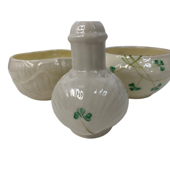 Belleek Irish Porcelain Shamrock Design Set Of 3 Bowls  & Pepper Shaker 8811 - Picture 4 of 8